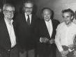 Robert Benton, Alan J Pakula, Joseph Mankowitz, and Louis Malle 1986, NYC.jpg